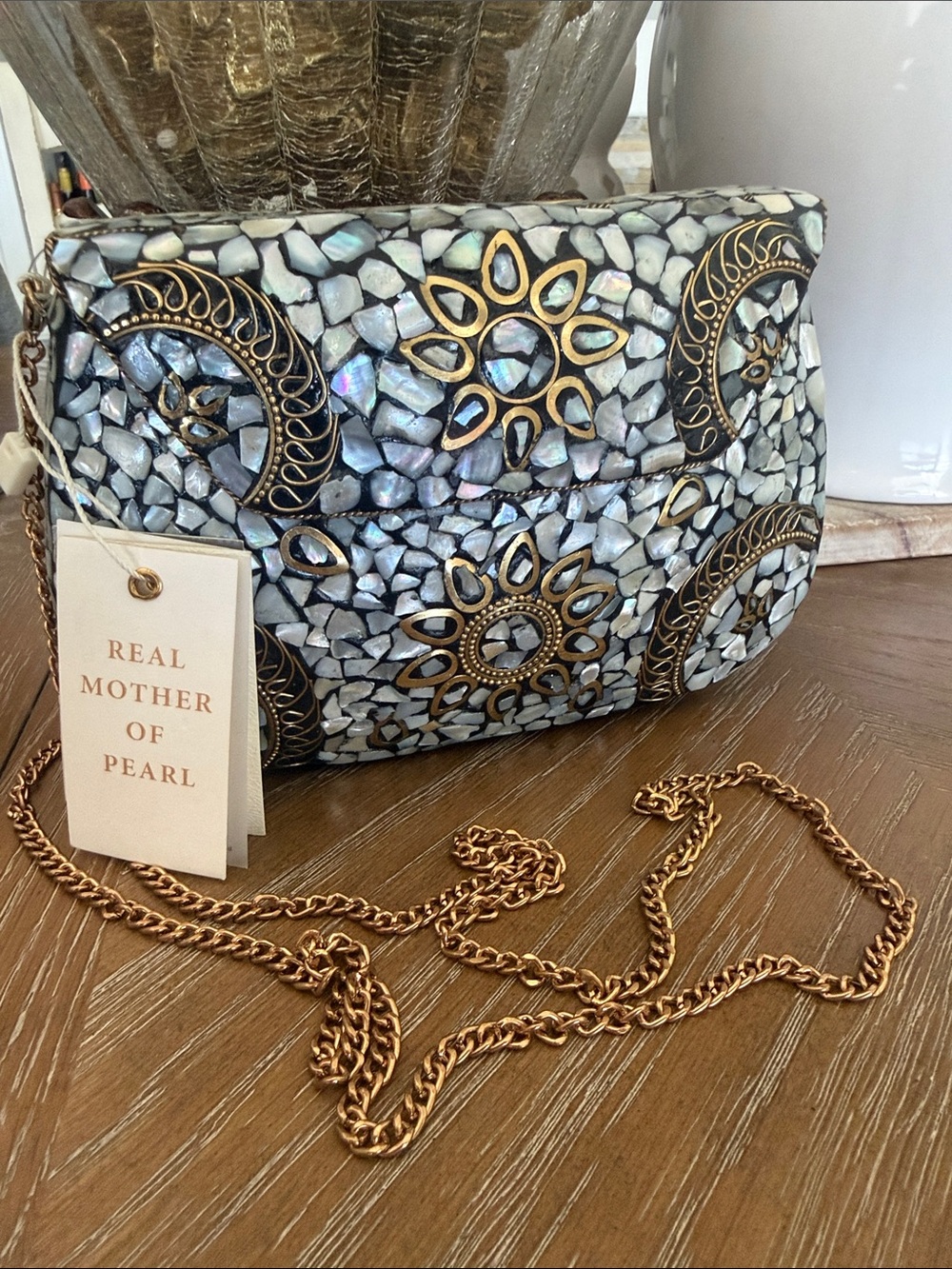 Real Mother of Pearl Mosaic Crossbody Bag with Gold Tone Chain
